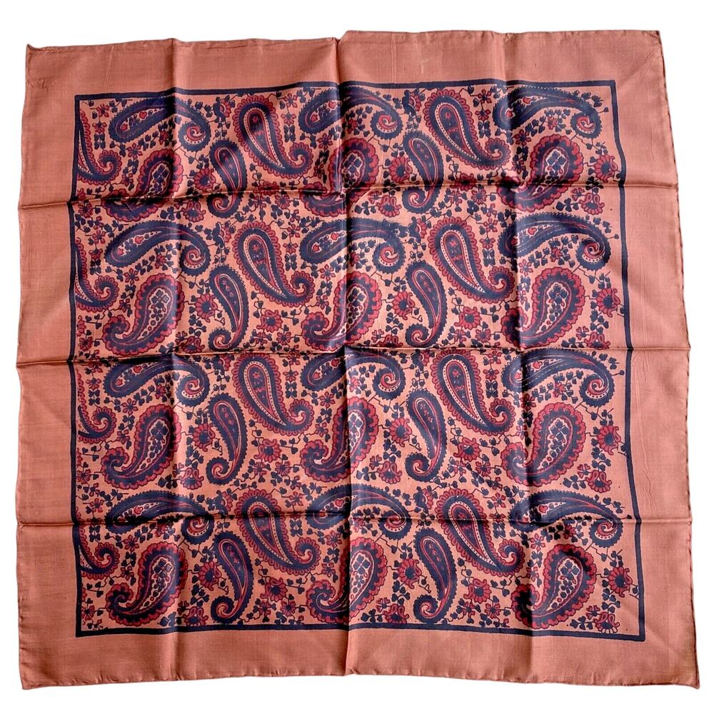 Vintage silk scarf black & brown paisley print 24" square neckerchief unisex